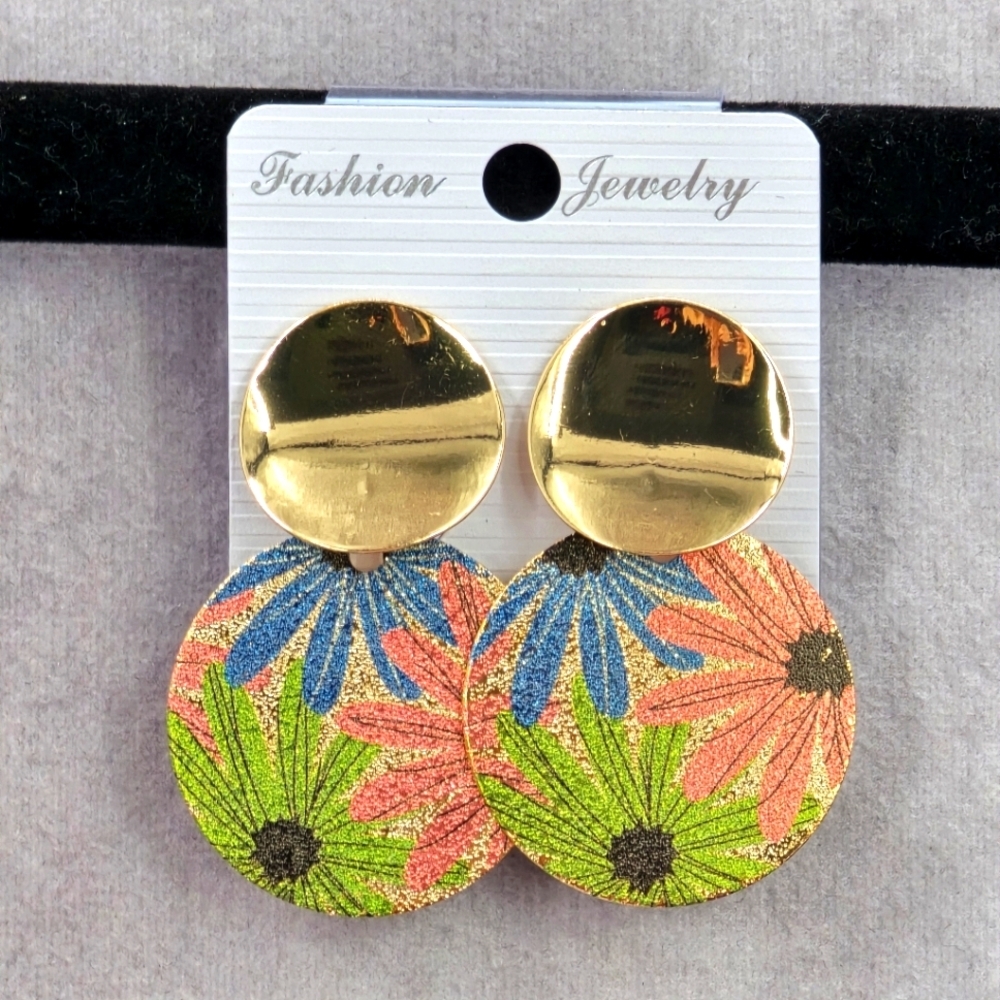 Gold Circle Floral Pink Green Blue Dangle Hook Earrings Fashion Jewelry JB2-89